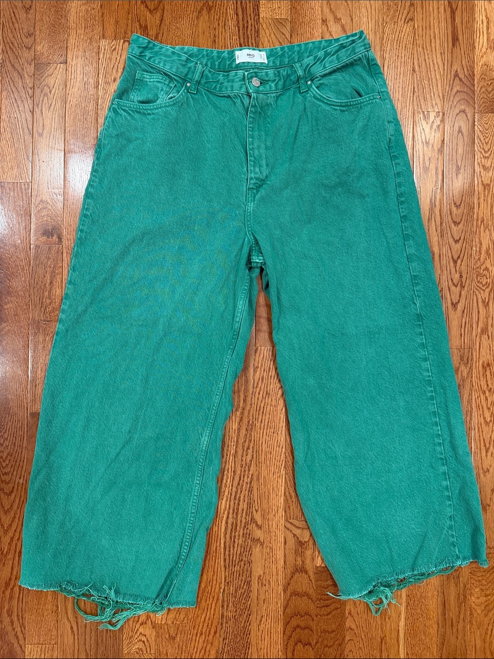 Wide-Leg Green Denim Pants with Frayed Hem - Women's